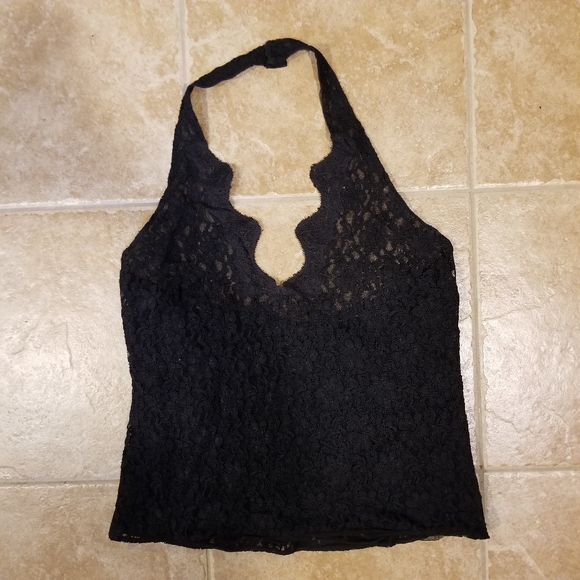 Moda International Tops - Moda International black sheer lace scalloped halter top M
